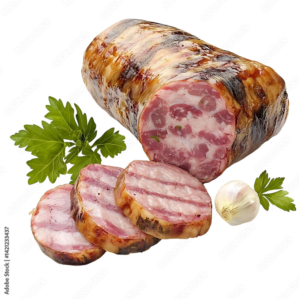 A rolled bundle of smoked ham with visible marbling and tied with string displayed in high detail and clarity on a transparent background with no shadow