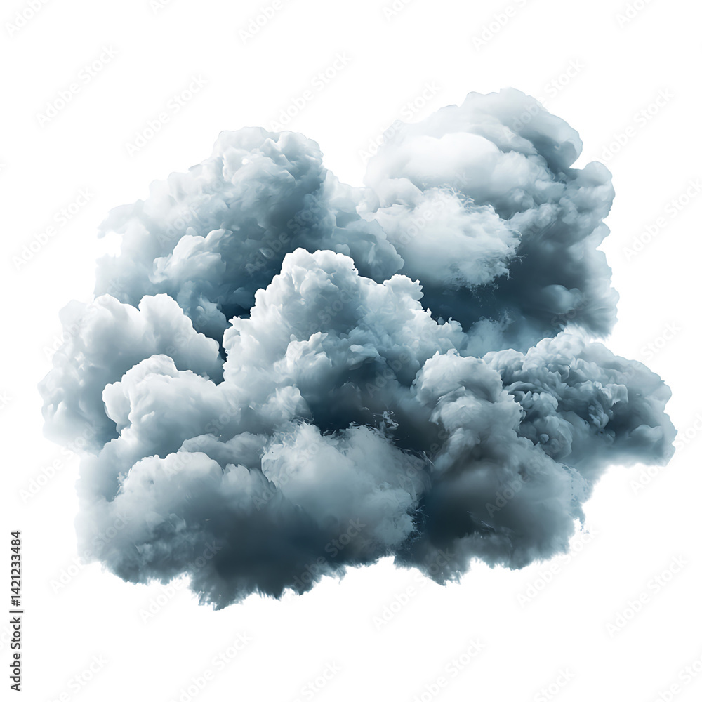 A large dark white fluffy cloud with dramatic shadows and soft contours isolated in high detail and sharp contrast on a clean transparent background