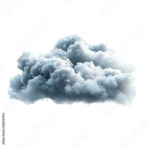 A large dark white fluffy cloud with dramatic shadows and soft contours isolated in high detail and sharp contrast on a clean transparent background