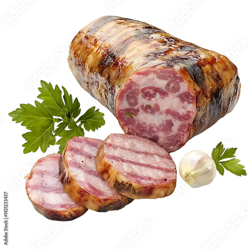 A rolled bundle of smoked ham with visible marbling and tied with string displayed in high detail and clarity on a transparent background with no shadow