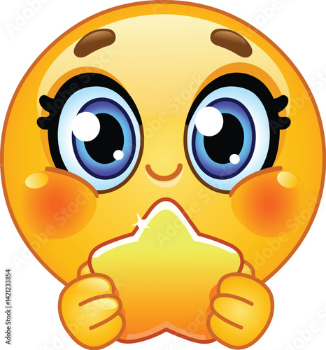 Cute Emoji Emoticon Holding a Glowing Yellow Star
