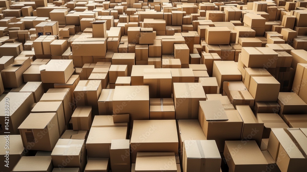 A vast expanse of stacked cardboard boxes, filling the frame with varying sizes and heights. A vast expanse of stacked cardboard boxes, filling the frame with varying sizes and heights.