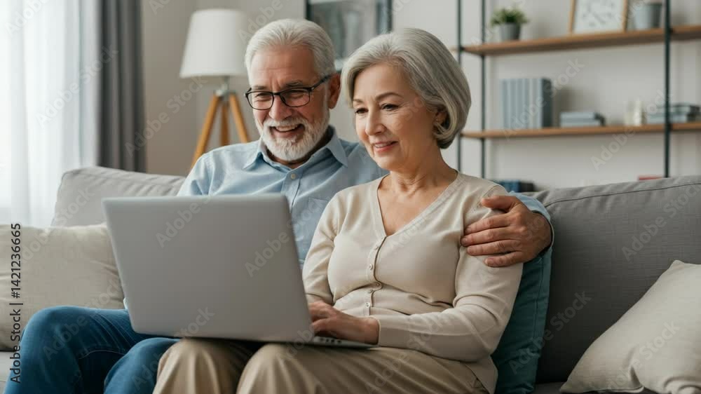 Elderly couple enjoying time together on couch with laptop Elderly couple enjoying time together on couch with laptop