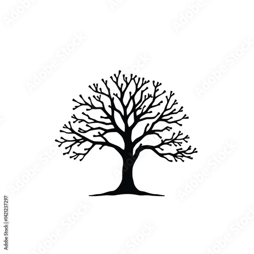 Black silhouette tree logo simple branches, geometric style. Centered on a white background, showcasing balance, symmetry, and visual clarity for a minimal natural brand
