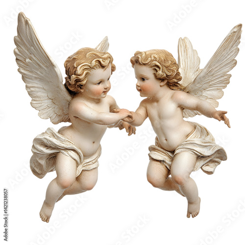 Adorable Cherub Angels Figurine: Pair of Winged Angels Statue on white background