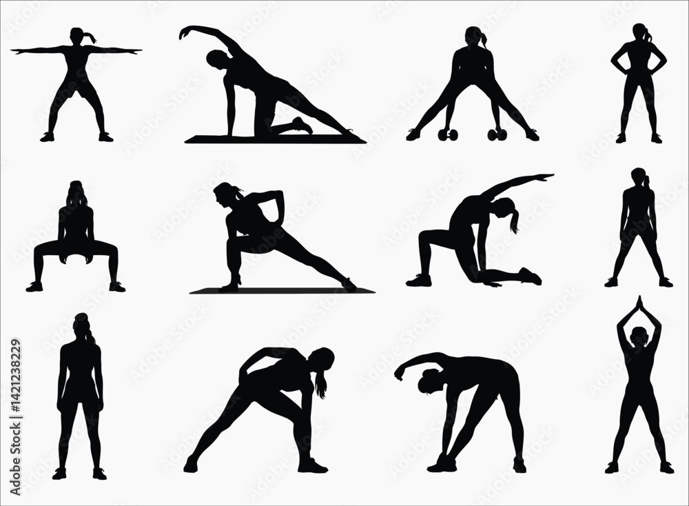 Fototapeta premium Set of 12 Female Fitness Silhouettes – Women Exercising Vector Illustration on White Background