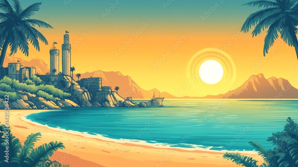 Obraz premium Tropical landscape with palm trees beach city and setting sun