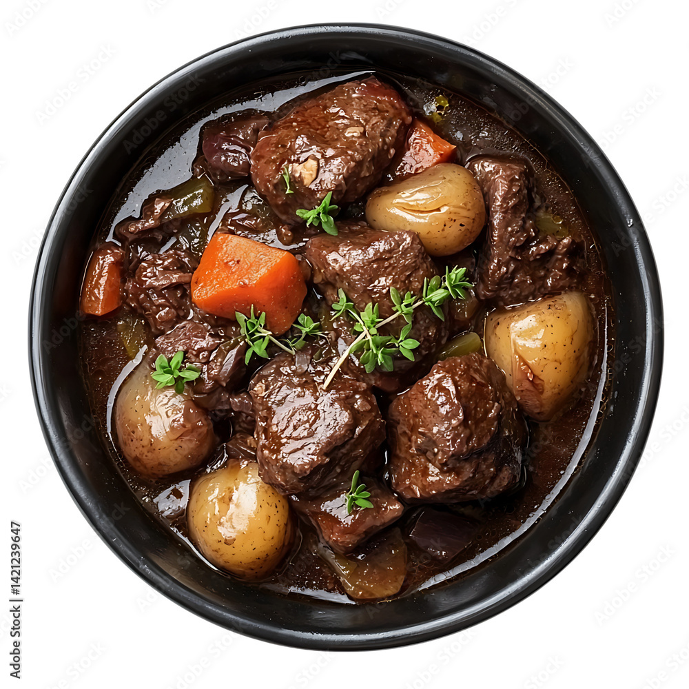 A serving of Boeuf Bourguignon with beef chunks potatoes carrots onions and herbs in a rich sauce inside a dark bowl photographed from top on a transparent background