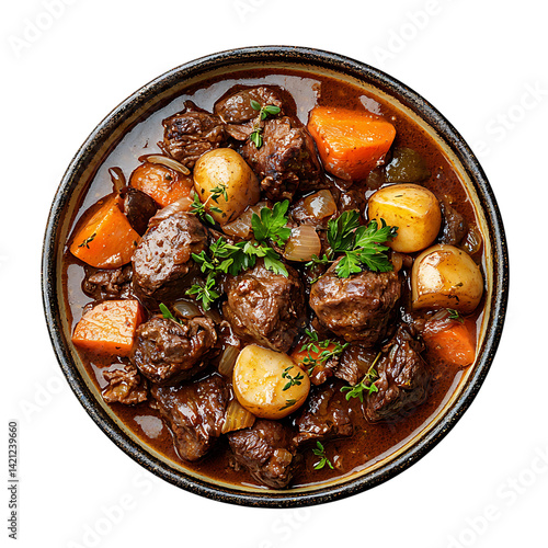 A serving of Boeuf Bourguignon with beef chunks potatoes carrots onions and herbs in a rich sauce inside a dark bowl photographed from top on a transparent background