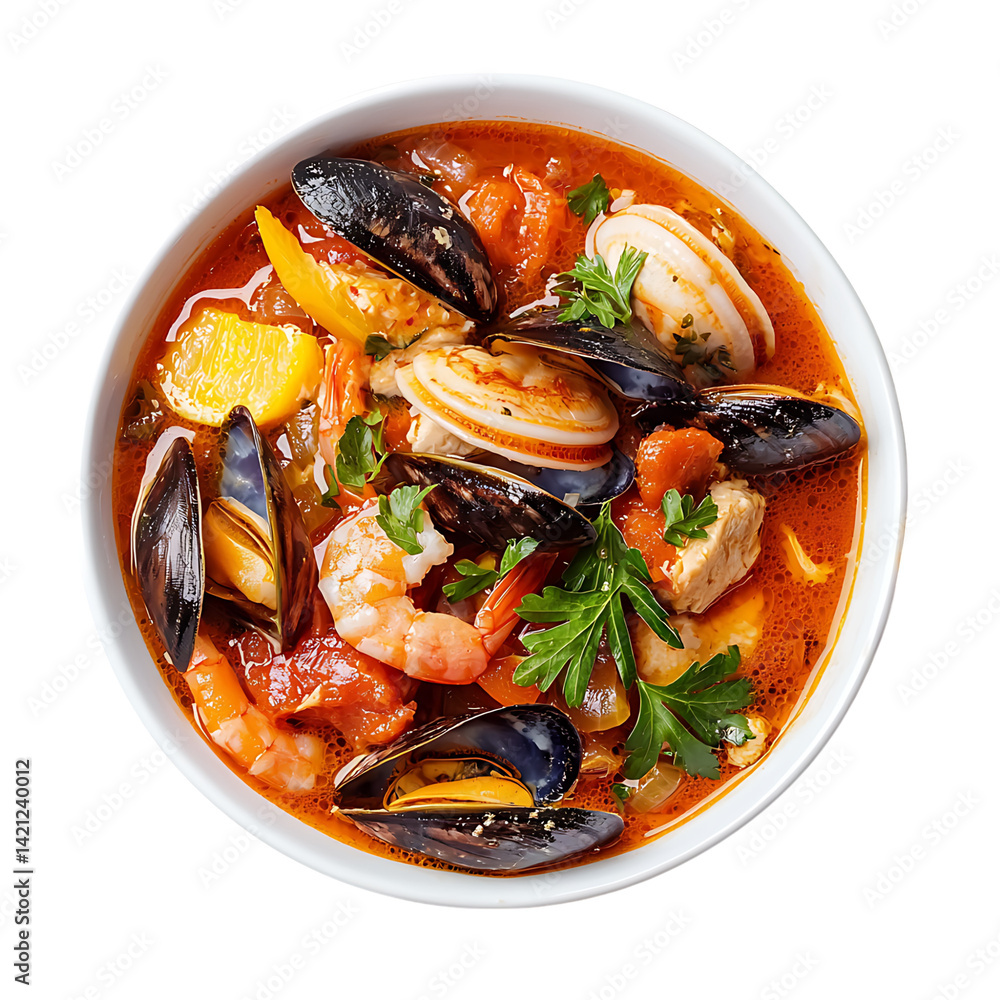 A bowl of bouillabaisse soup featuring shrimp mussels clams and vegetables in rich tomato broth with parsley garnish viewed from above on a transparent background