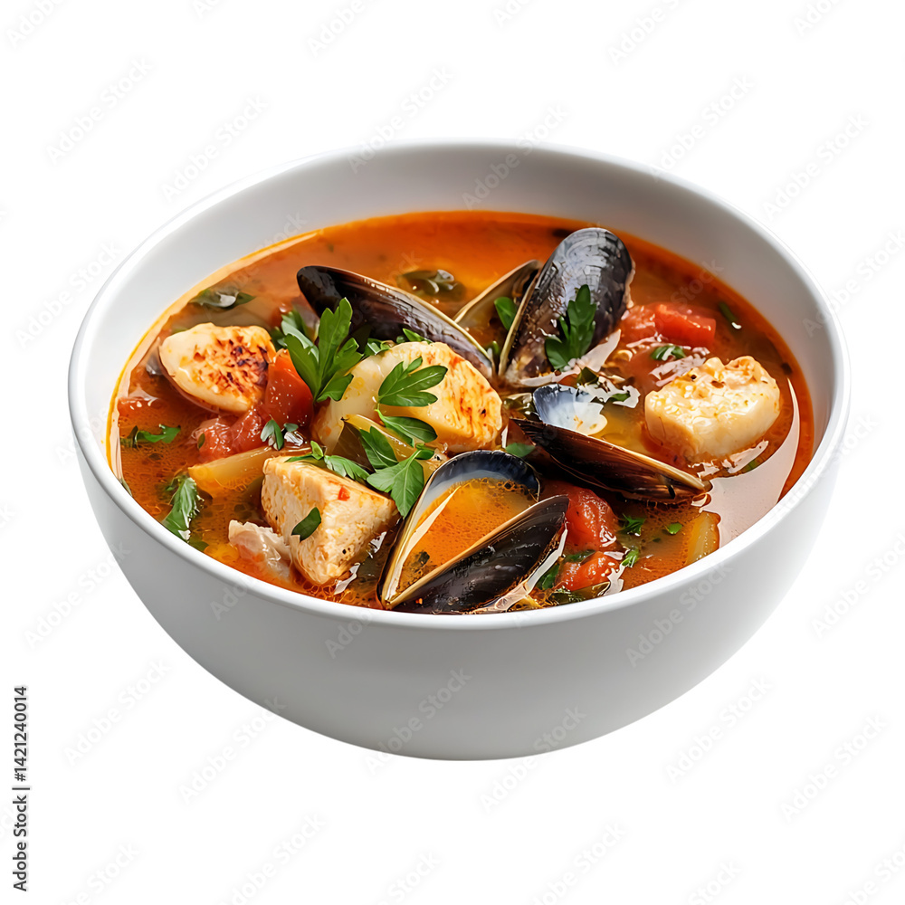 A bowl of bouillabaisse soup featuring shrimp mussels clams and vegetables in rich tomato broth with parsley garnish viewed from above on a transparent background