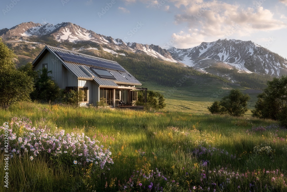 Obraz premium Sustainable House nestled in Wildflower Meadow, Mountain View, Solar Powered Home, Eco-Friendly Living, Serene Landscape