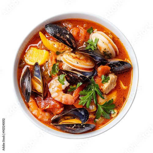 Obraz na płótnie A bowl of bouillabaisse soup featuring shrimp mussels clams and vegetables in rich tomato broth with parsley garnish viewed from above on a transparent background w salonie
