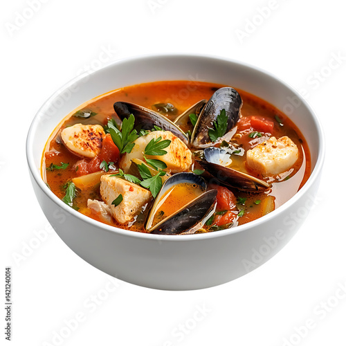 Obraz na płótnie A bowl of bouillabaisse soup featuring shrimp mussels clams and vegetables in rich tomato broth with parsley garnish viewed from above on a transparent background w salonie