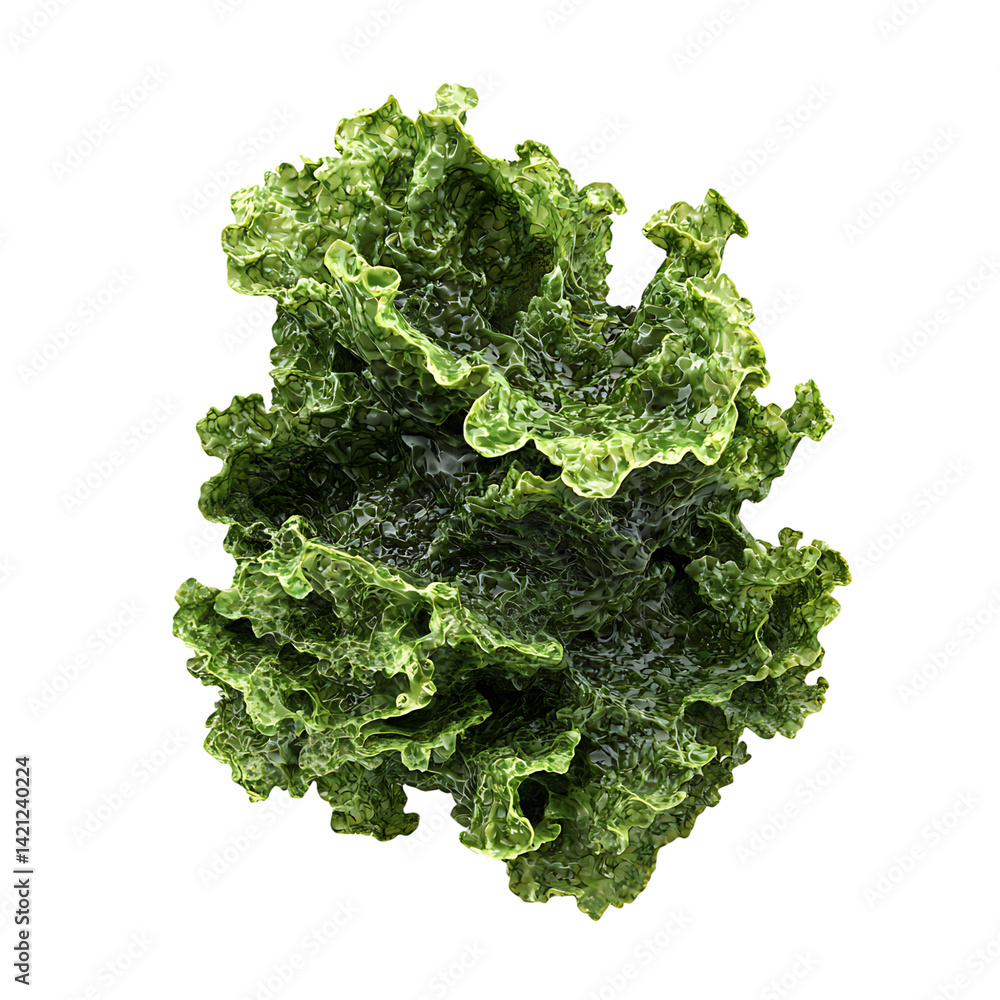 A dense bunch of green seaweed with organic leafy texture and natural marine appearance isolated on a transparent background in a detailed high resolution style