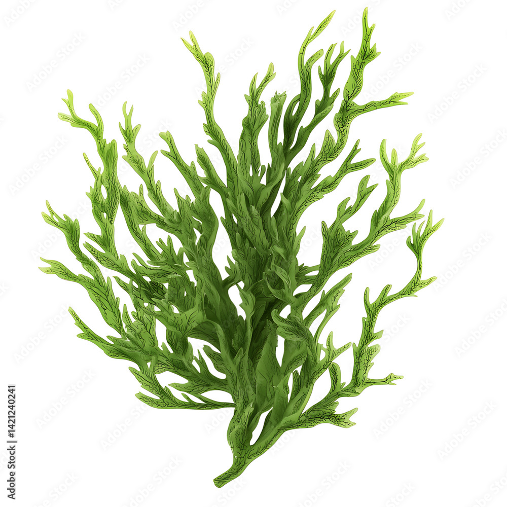 A dense bunch of green seaweed with organic leafy texture and natural marine appearance isolated on a transparent background in a detailed high resolution style