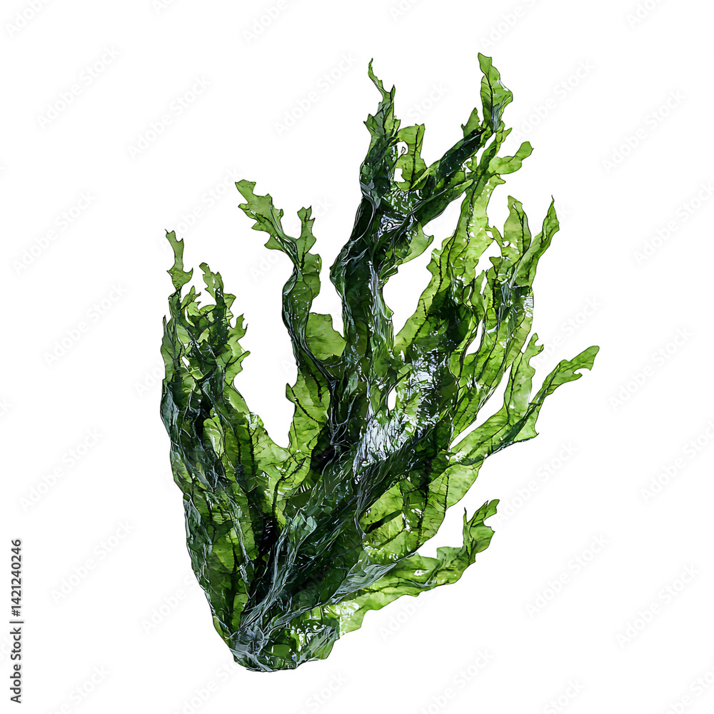 A dense bunch of green seaweed with organic leafy texture and natural marine appearance isolated on a transparent background in a detailed high resolution style