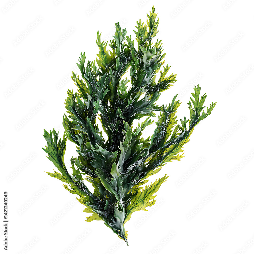 A dense bunch of green seaweed with organic leafy texture and natural marine appearance isolated on a transparent background in a detailed high resolution style
