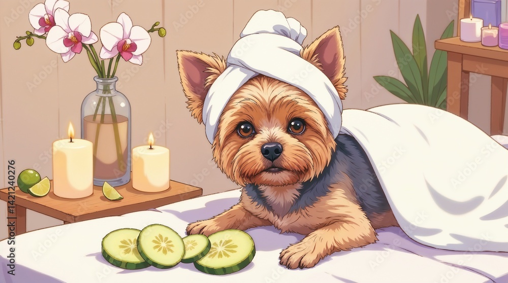 Cute dog relaxing with cucumbers in a spa setting