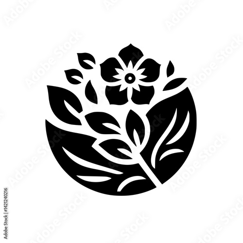 Stylized Black Floral Emblem in Circle: Minimalist Botanical Graphic Illustration