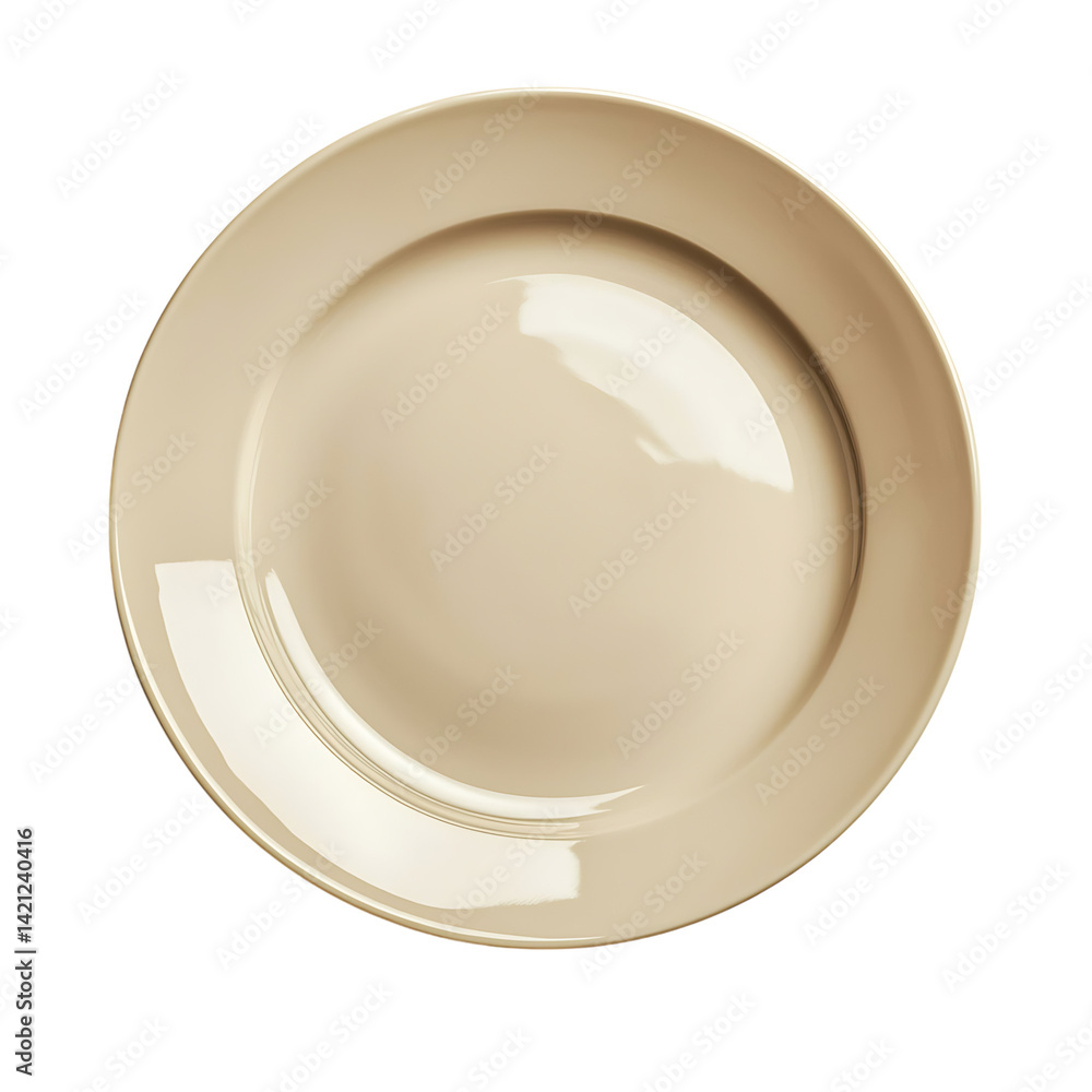 A round beige ceramic plate with glossy surface and smooth edge viewed from above in a clean minimal style on a white transparent background without any food