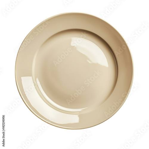 A round beige ceramic plate with glossy surface and smooth edge viewed from above in a clean minimal style on a white transparent background without any food