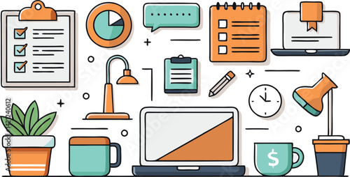 Workspace Illustration: Desk with Laptop, To-Do List, Clock, Plant, and Coffee - Flat Vector Office Clipart for Productivity