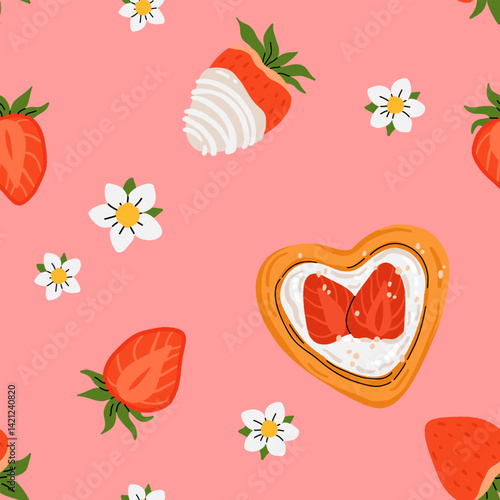 Seamless pattern of fresh pastry and cute red strawberry covered in chocolate. Fresh pastries and berries for menu, cafe, bakery, packaging. Coquette vector background of sweet food and berry.