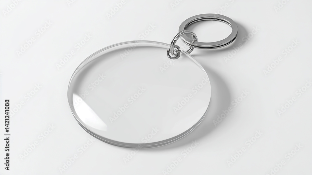 Round white acrylic keychain with a clip, on an isolated white background, ultra-realistic photography. Round white acrylic keychain with a clip, on an isolated white background, ultra-realistic photography.