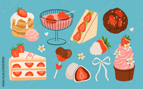 Strawberry set. Summer refreshing drinks, sweets and desserts with taste of strawberries. Chocolate strawberry. Flowers, petals, strawberries. Flat Vector illustration isolated on white background