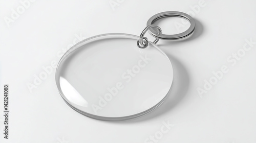 Round white acrylic keychain with a clip, on an isolated white background, ultra-realistic photography.