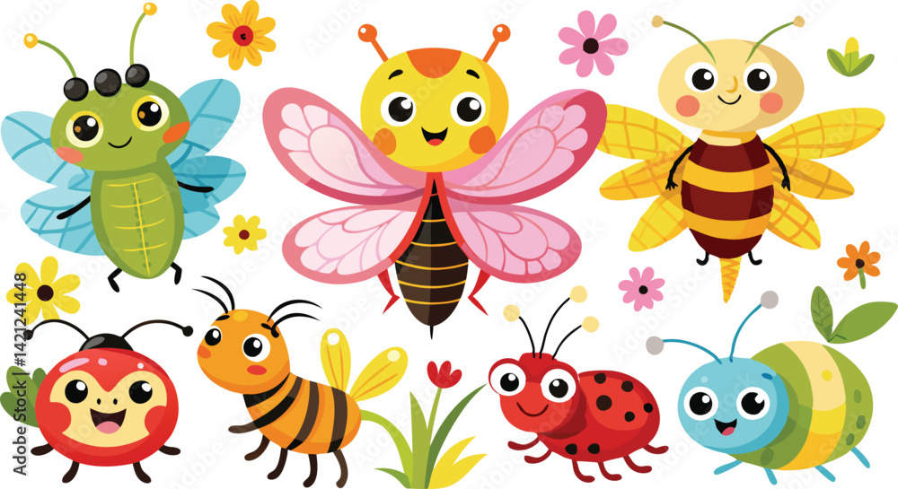 Naklejka premium Cute Cartoon Bugs Vector Illustration: Colorful Insects, Ladybugs, Bees, Butterflies, Flowers, Whimsical Children's Art Design