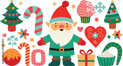 Cute Christmas Elf Clipart: Holiday Vector Illustration with Candy Canes, Trees, Cupcake, Heart, and Gift Box for Festive Designs