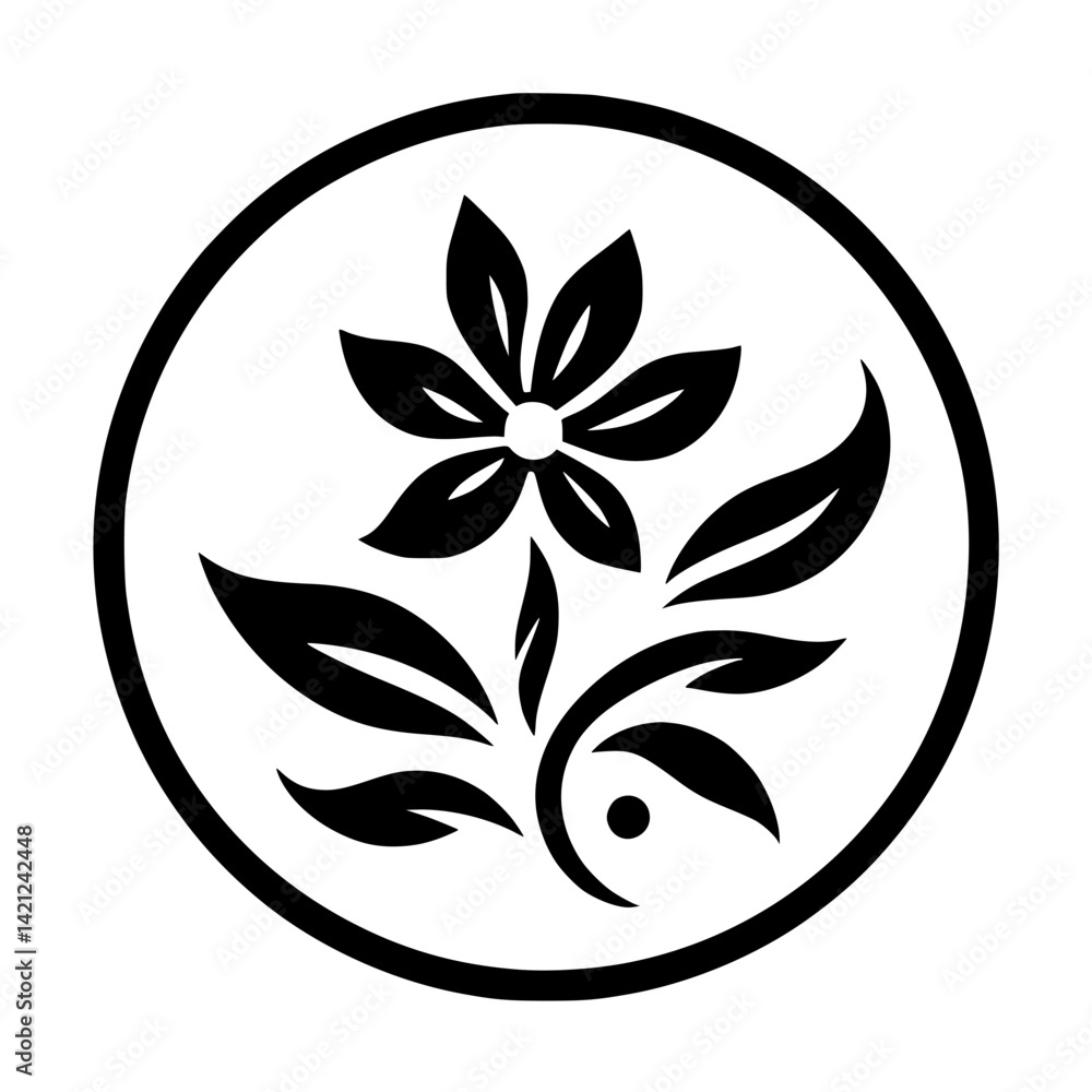 Fototapeta premium Elegant Abstract Flower in Circle Vector Illustration - Black and White Floral Design Element