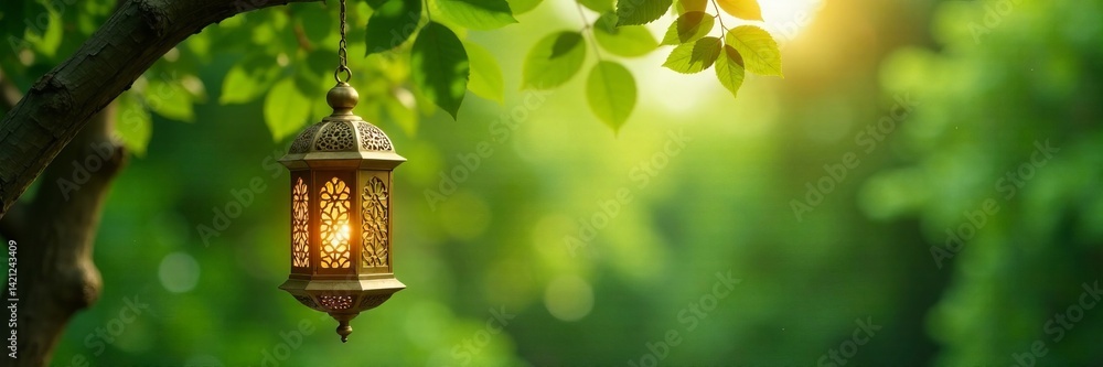 Obraz premium A beautiful lantern hanging amidst lush green foliage, symbolizing serenity and light.