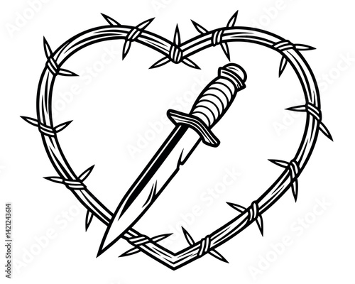 Barbed Wire Heart with Dagger: Pain, Love, Danger, Tattoo, Symbolism.