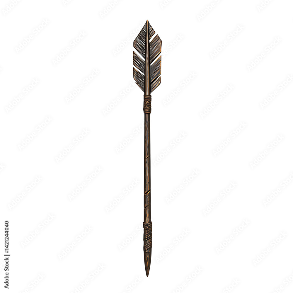 A single golden arrow with metallic shine detailed fletching and a pointed tip shown vertically in full length isolated on a transparent background