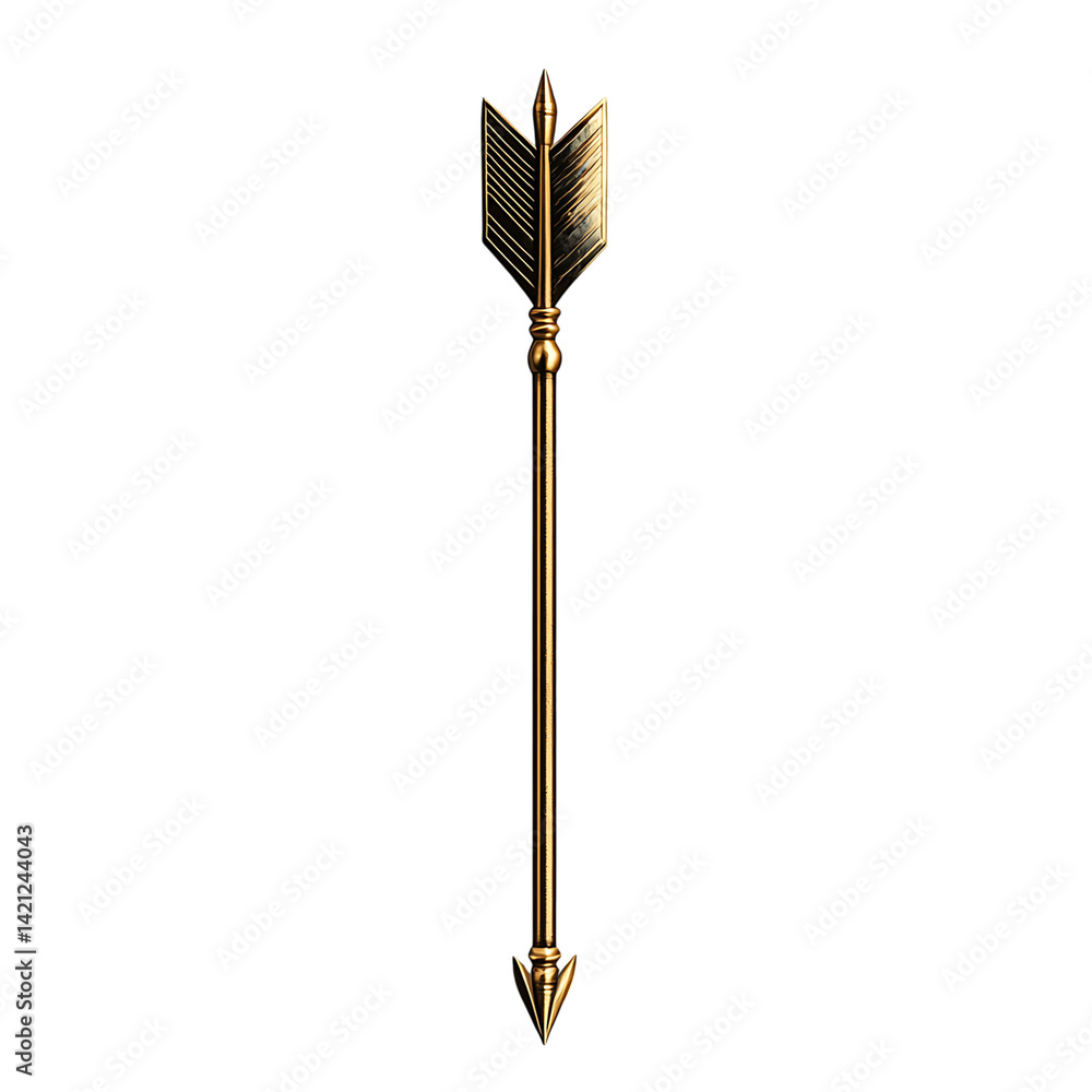 A single golden arrow with metallic shine detailed fletching and a pointed tip shown vertically in full length isolated on a transparent background