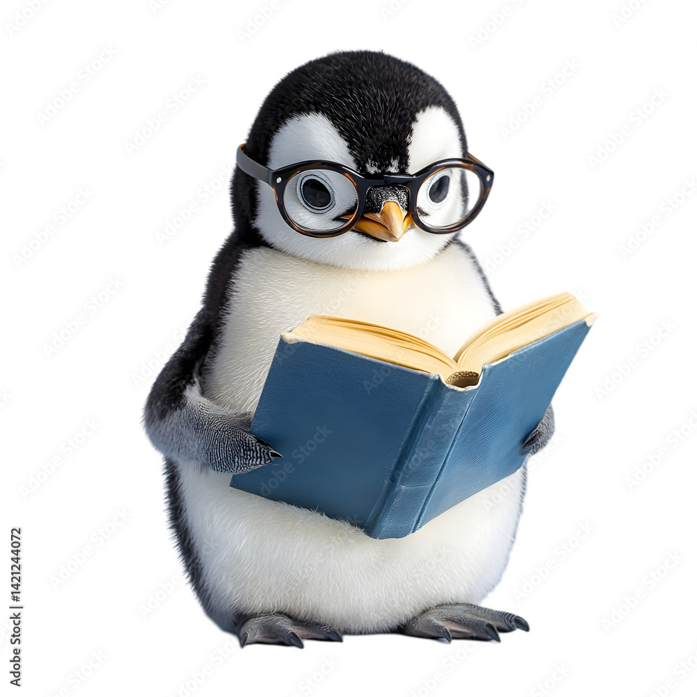 Obraz premium Penguin Reading Book on white background
