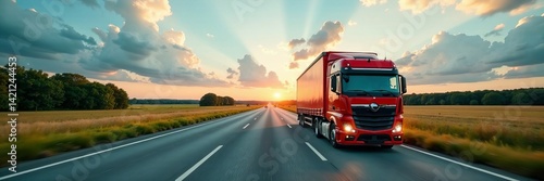 A red truck driving on a highway at sunset, surrounded by vast open fields.