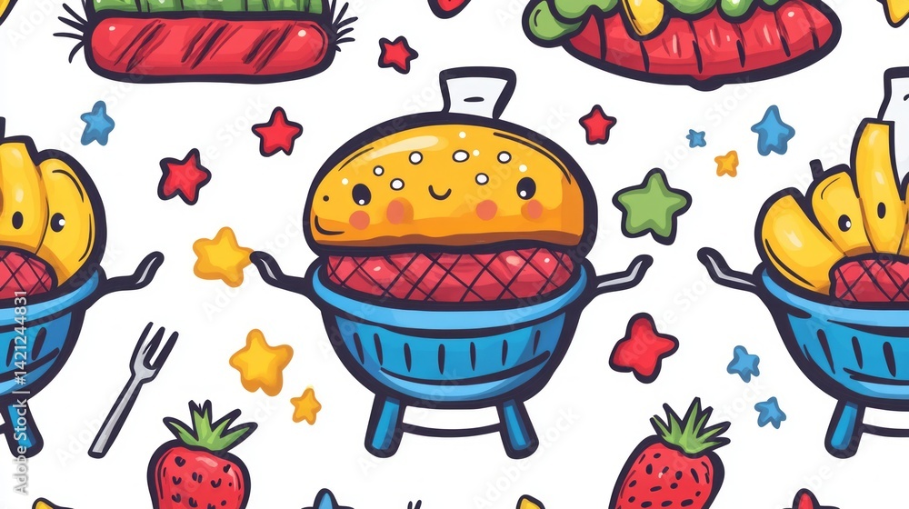 Fototapeta premium Whimsical seamless pattern featuring cartoon barbecue and food elements