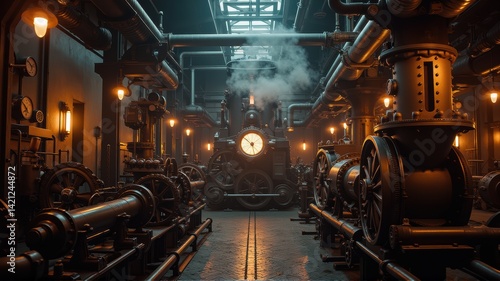 Vintage Engine Room with Pipes and Steam Effects