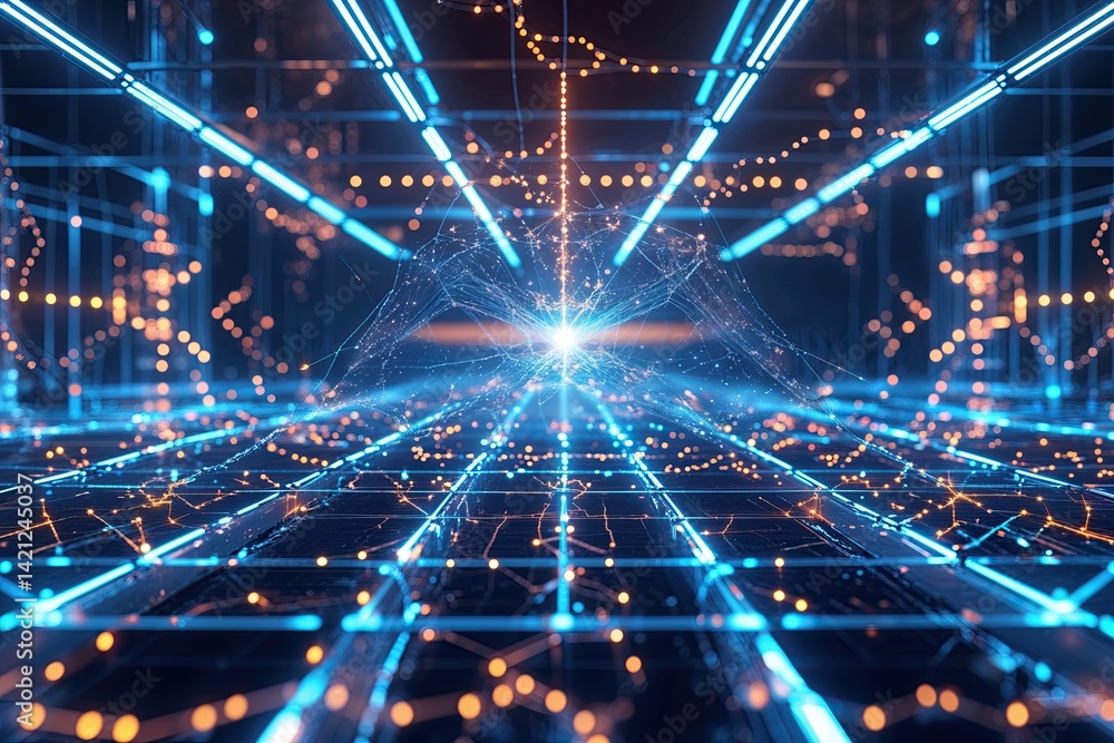 Naklejka premium Dynamic Visualization of a Digital Matrix Symbolizing Blockchain Connectivity with Glowing Links and Intricate Data Patterns in an Ultra-Modern Setting