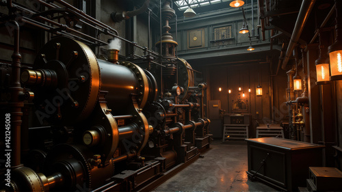 Vintage Engine Room with Pipes and Industrial Lighting