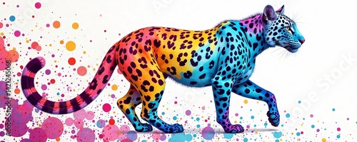 A vibrant and colorful illustration of a rainbow leopard walking gracefully.