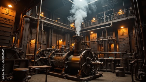 Industrial Engine Room with Steam and Machinery