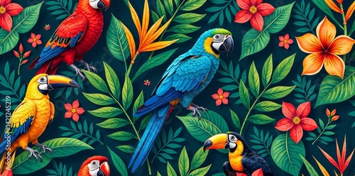 A vibrant display of tropical birds amid lush foliage and colorful flowers.