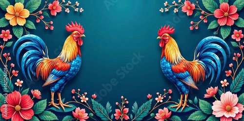 Colorful roosters surrounded by vibrant flowers and foliage on an artistic background.