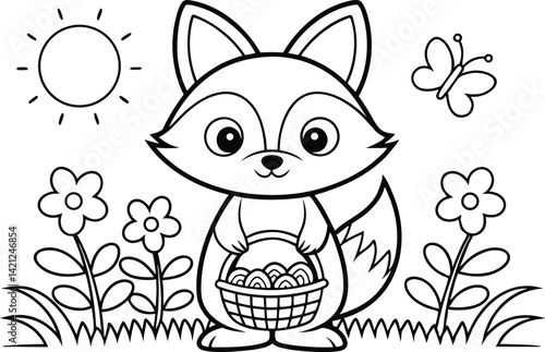 Cute fox with Easter basket outlined with butterfly, flowers, sun design