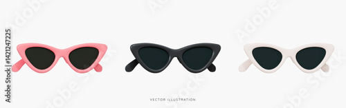 3D Front view cat eye sunglasses in pink, black and beige icon set. Summer time object. Fashion glasses for women. Travel accessory. Cartoon design icons isolated on white. 3D Vector illustration